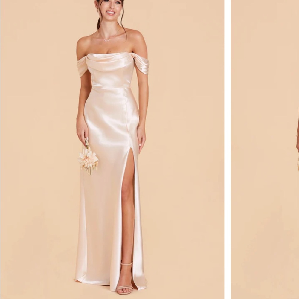 Birdy Grey champagne shiny satin Off-Shoulder Gown